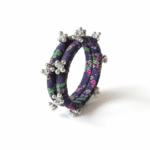 Purple handcrafted fabric thread bangles with multicolour motifs and silver-tone beads, 6 cm inner diameter