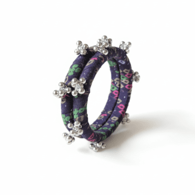 Purple handcrafted fabric thread bangles with multicolour motifs and silver-tone beads, 6 cm inner diameter