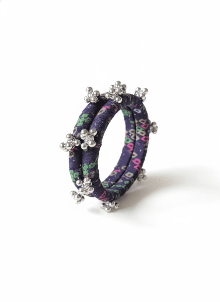 Purple handcrafted fabric thread bangles with multicolour motifs and silver-tone beads, 6 cm inner diameter