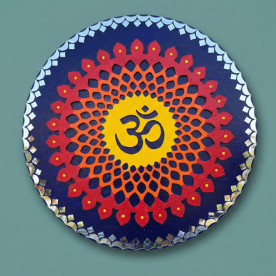 Om Mandala Decorative Wall Plate with Mirror Work (Round, Blue–Red)