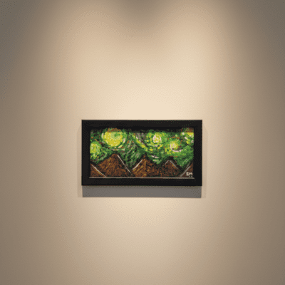 Horizontally framed abstract landscape artwork with swirling green sky patterns and mountain silhouettes, displayed on a softly lit minimalist wall.