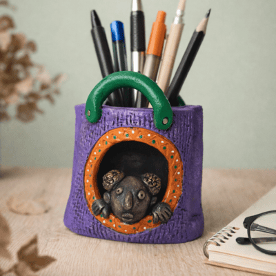 Mouse-in-Bag Decorative Pen Holder | Cute Desk Organizer (Purple & Green)