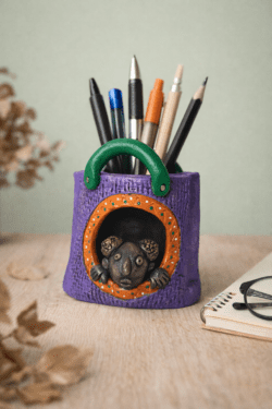 Mouse-in-Bag Decorative Pen Holder | Cute Desk Organizer (Purple & Green)