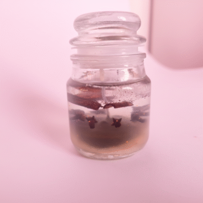 “Jar candle with brown wax base and transparent gel layer containing cinnamon sticks and cloves”