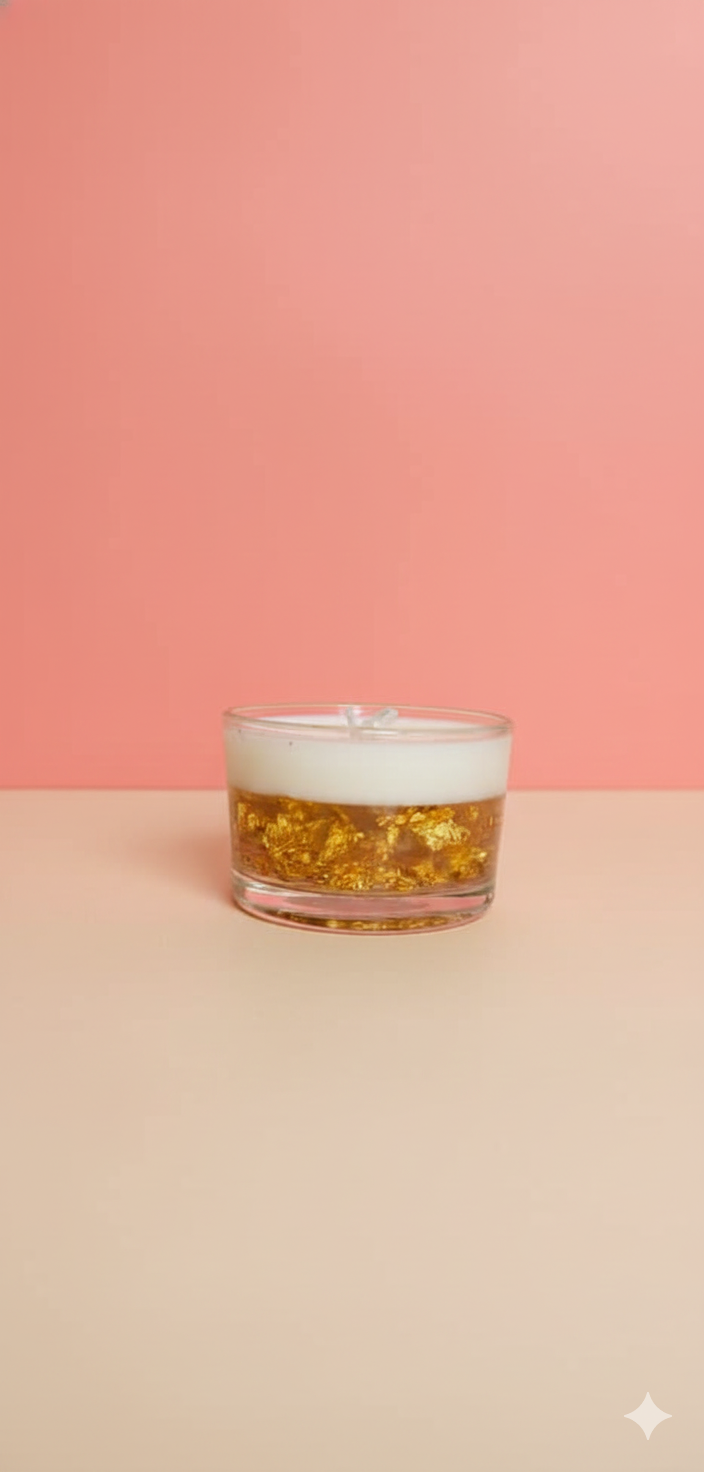 “Luxury gel and cream wax candle in a low glass cup with floating gold flakes”