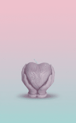 “Light purple scented wax candle shaped like hands holding a textured heart”