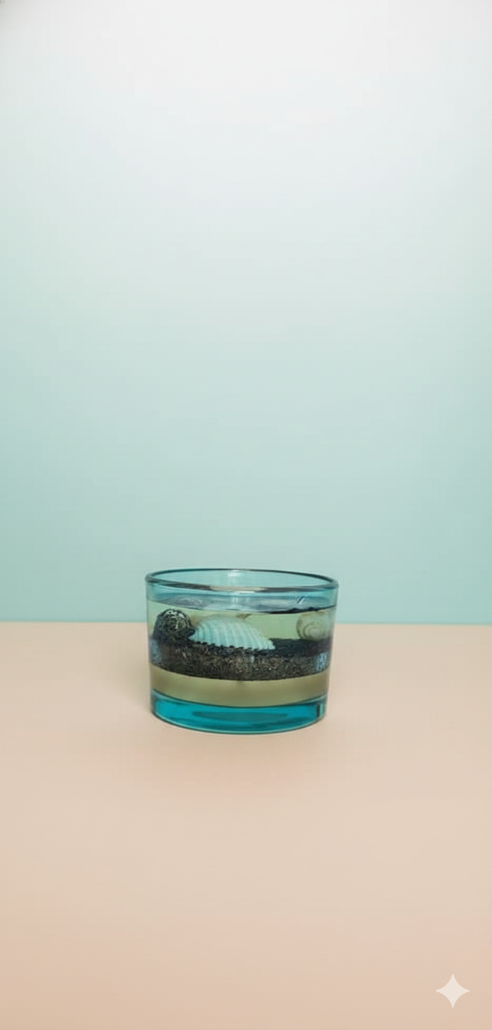 Ocean-themed blue gel wax candle with embedded seashells and cream wax layer in a glass jar