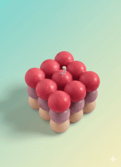 Handcrafted multicolour bubble cube scented wax candle with red, pink, and cream gradient design