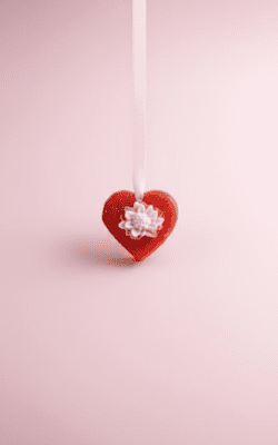 Heart-shaped red wax room freshener with white floral center and gold shimmer, hanging on white ribbon