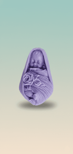 “Purple baby-shaped wax room freshener with floral detailing, non-burning aromatic wax block”