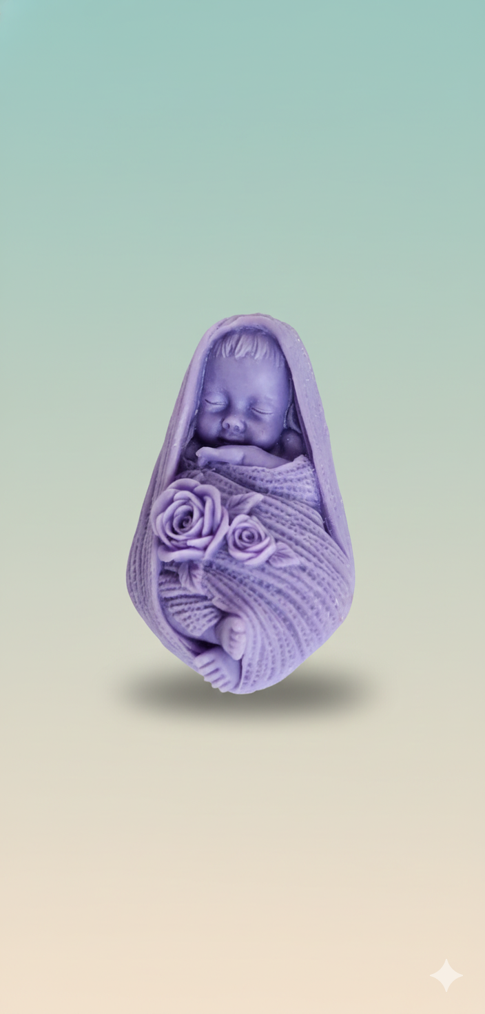 “Purple baby-shaped wax room freshener with floral detailing, non-burning aromatic wax block”