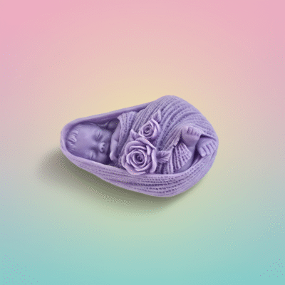 “Purple baby-shaped wax room freshener with floral detailing, non-burning aromatic wax block”