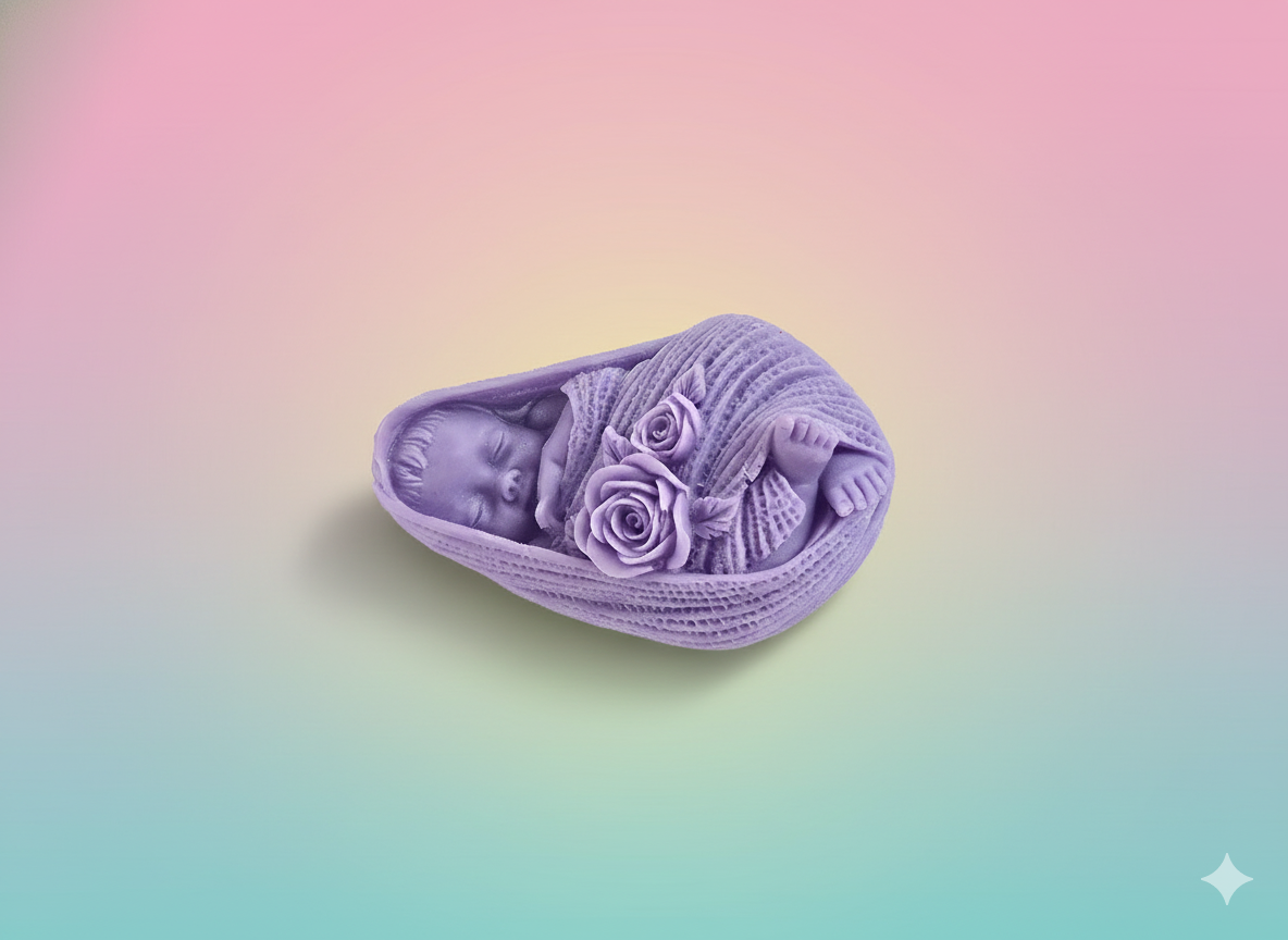 “Purple baby-shaped wax room freshener with floral detailing, non-burning aromatic wax block”