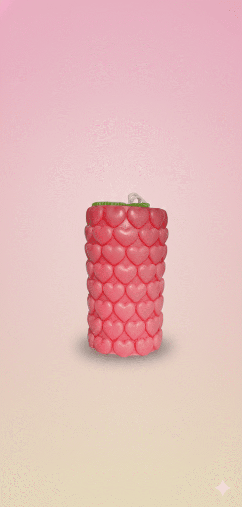 Layered red and cream scented wax candle in glass jar topped with miniature wax flowers