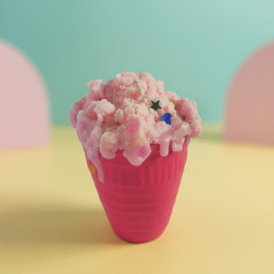 Pink ice cream cup–style scented wax candle with whipped cream-like top and sprinkles