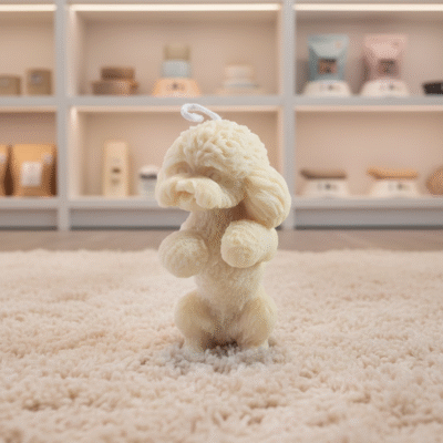 Handcrafted cream dog-shaped scented wax candle with detailed puppy sculpture design