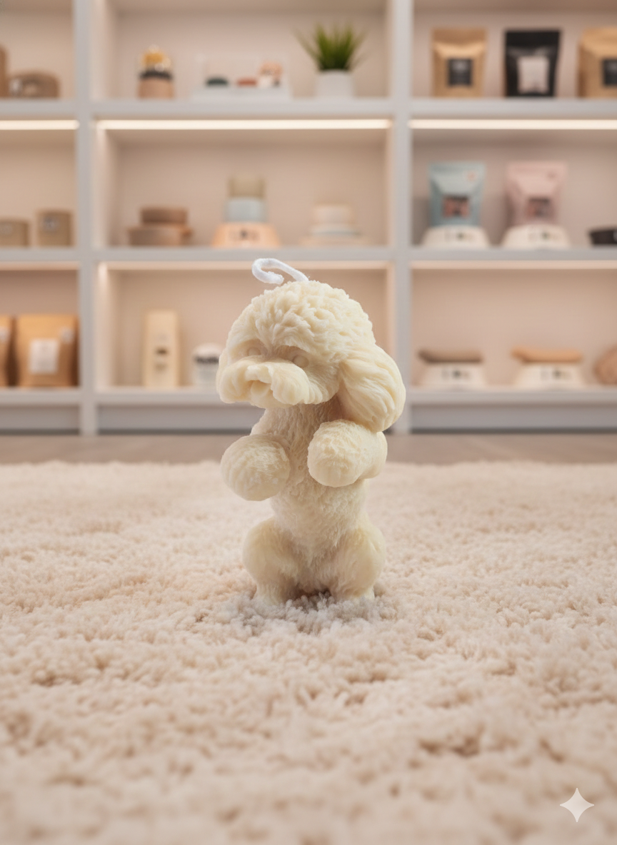 Handcrafted cream dog-shaped scented wax candle with detailed puppy sculpture design