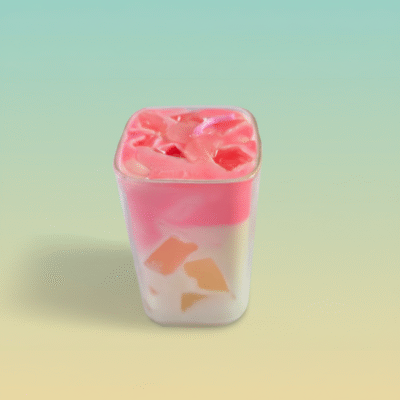 Layered dessert-style scented wax candle in a clear glass jar with pink top and caramel chunks