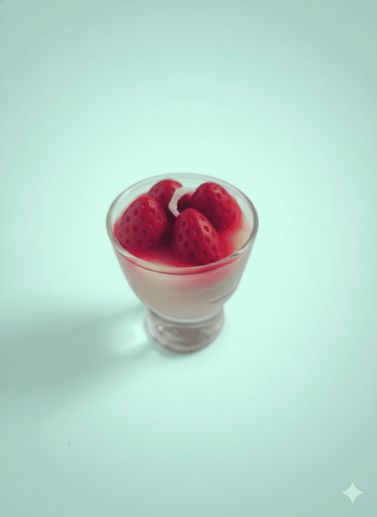 Dessert-style wax candle with strawberries, chocolate base, cream wax, and lollipop-like wick in a glass jar