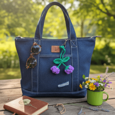 Handmade Woolen Purple Flower Bag Charm / Keychain