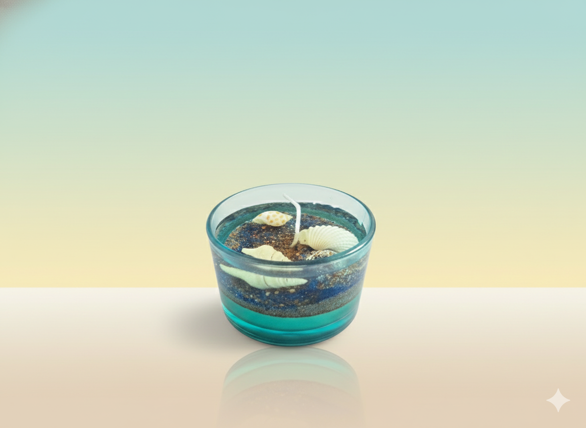 Ocean-themed blue gel wax candle with embedded seashells and cream wax layer in a glass jar
