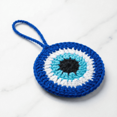Handmade crochet evil eye charm in blue and white yarn with hanging loop on wooden background