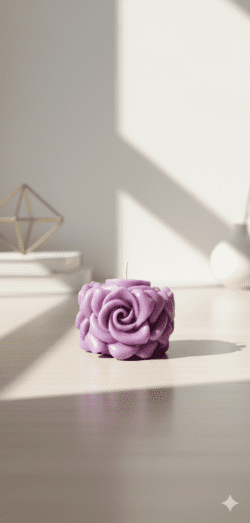“Handcrafted purple rose-shaped scented wax candle with detailed floral petals”
