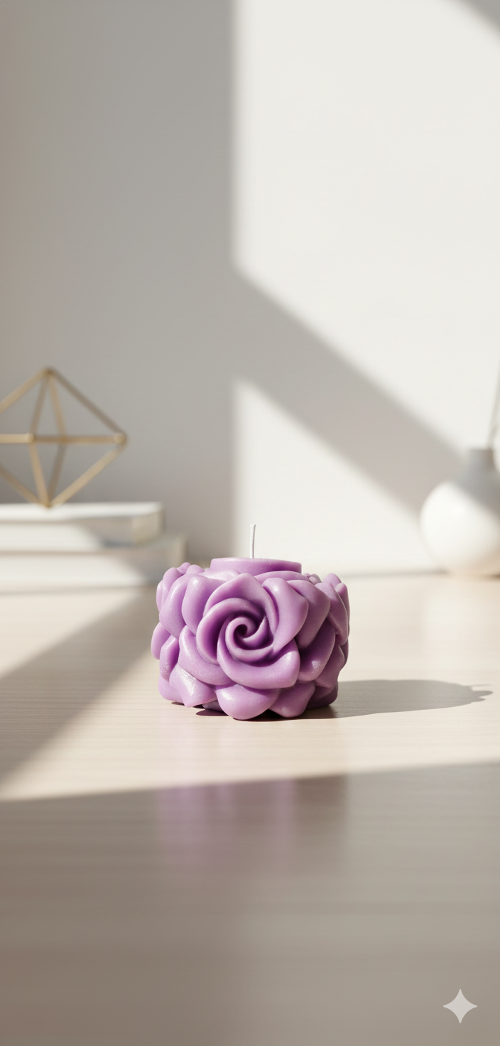 “Handcrafted purple rose-shaped scented wax candle with detailed floral petals”