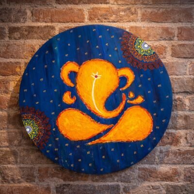 “Handcrafted 24-inch Ganpati mandala wall art featuring Lord Ganesha in vibrant blue and yellow spiritual design”