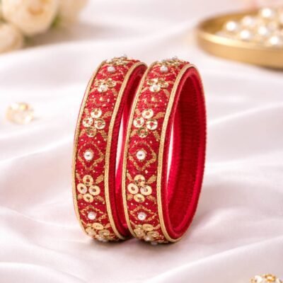 Red & Gold Embroidered Silk Thread Bangles – Traditional Bridal Bangles (Size 2.4, Set of 2)
