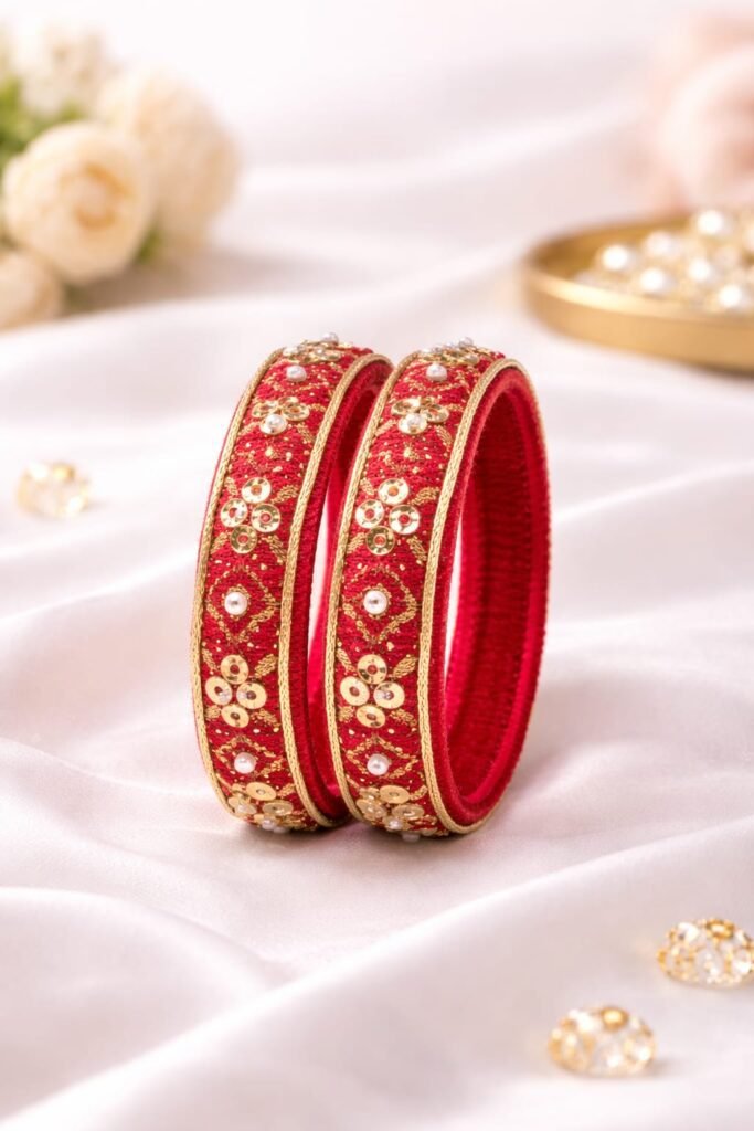 Red & Gold Embroidered Silk Thread Bangles – Traditional Bridal Bangles (Size 2.4, Set of 2)