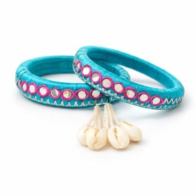 Turquoise Blue Silk Thread Bangles with Mirror Work & Shell Latkan | Designer Ethnic Bangles for Women