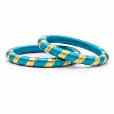 Teal Blue Silk Thread Bangles with Gold Stripes | Designer Traditional Bangles for Women