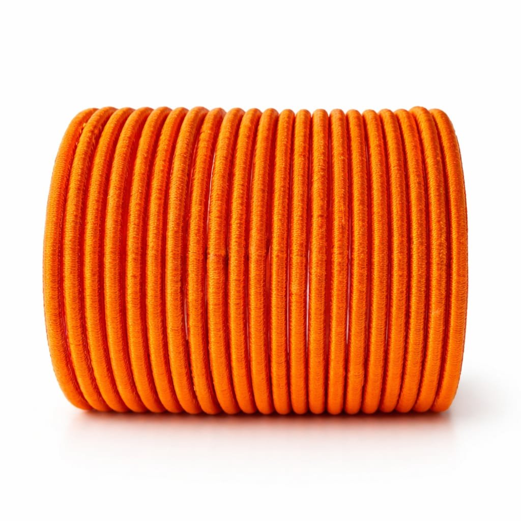 Orange silk thread bangles stacked together, glossy finish, size 2.2, isolated on white background