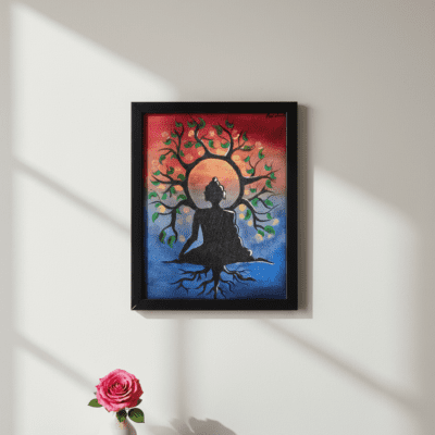 Framed meditation art showing a seated Buddha silhouette with a tree of life design, displayed on a minimalist wall with soft natural light.