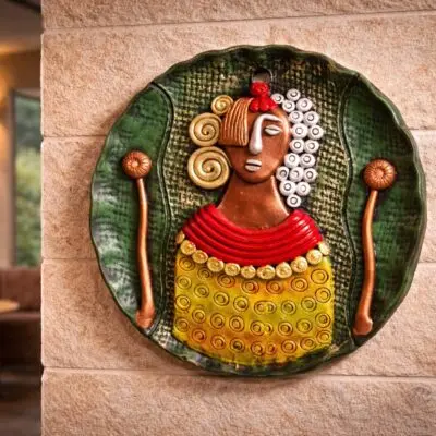 “Handmade terracotta tribal woman wall art decorative plate contemporary folk style”