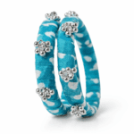 Turquoise Blue Silk Thread Bangles with Silver Flower Beads | Designer Ethnic Bangles for Women