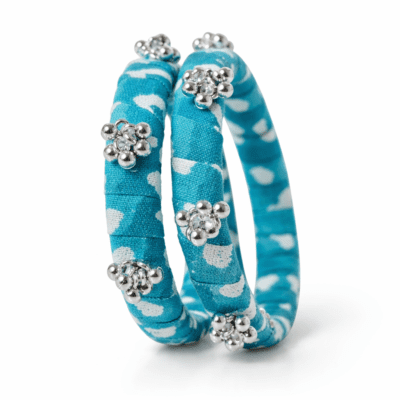 Turquoise Blue Silk Thread Bangles with Silver Flower Beads | Designer Ethnic Bangles for Women