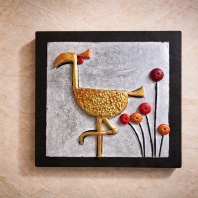 “Handmade terracotta bird wall art with textured base in contemporary folk design”