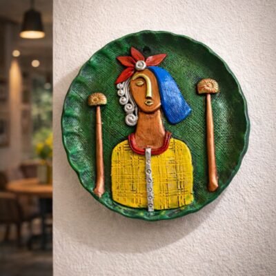 “Handmade terracotta tribal woman wall art decorative plate with butterfly motifs in contemporary folk style”