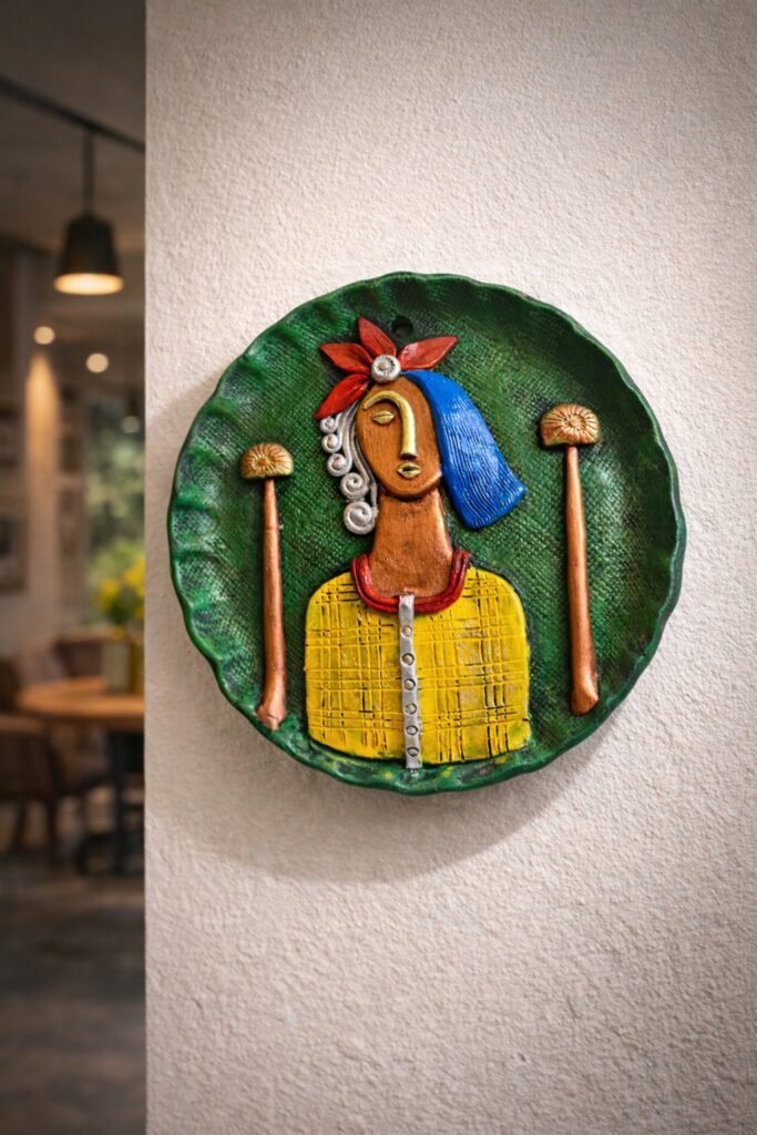 “Handmade terracotta tribal woman wall art decorative plate with butterfly motifs in contemporary folk style”