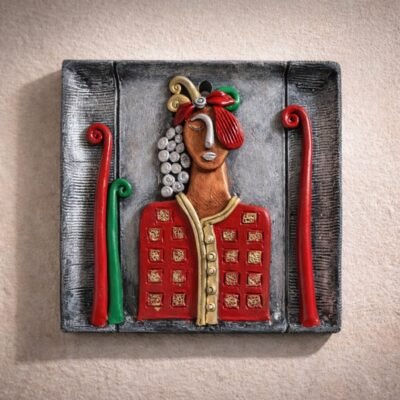“Handmade terracotta woman wall art decorative panel with contemporary folk design and metallic accents”