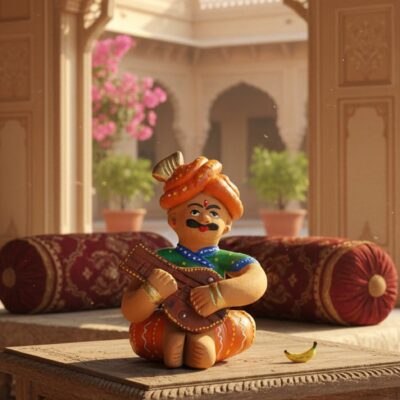 “Handcrafted terracotta Rajasthani musician figurine playing instrument – ethnic home décor showpiece”