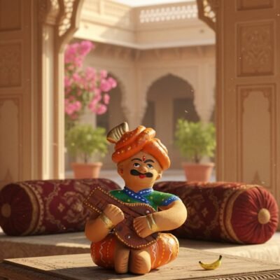 “Handcrafted terracotta Rajasthani musician figurine playing instrument – ethnic home décor showpiece”
