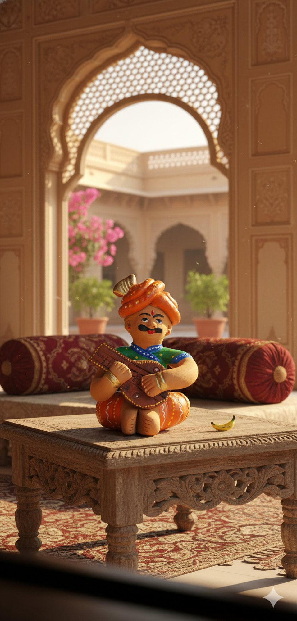 “Handcrafted terracotta Rajasthani musician figurine playing instrument – ethnic home décor showpiece”