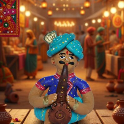 “Terracotta Rajasthani musician figurine seated with instrument – hand-painted folk art showpiece”