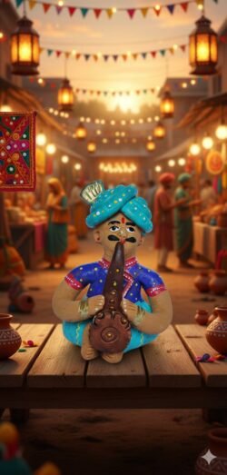“Terracotta Rajasthani musician figurine seated with instrument – hand-painted folk art showpiece”