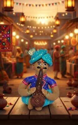 “Terracotta Rajasthani musician figurine seated with instrument – hand-painted folk art showpiece”