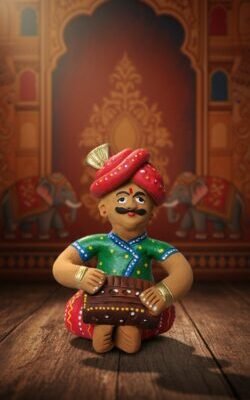 “Terracotta Rajasthani musician figurine seated with instrument – hand-painted folk art showpiece”