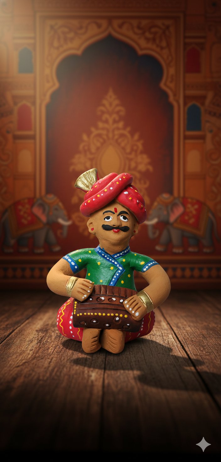 “Terracotta Rajasthani musician figurine seated with instrument – hand-painted folk art showpiece”